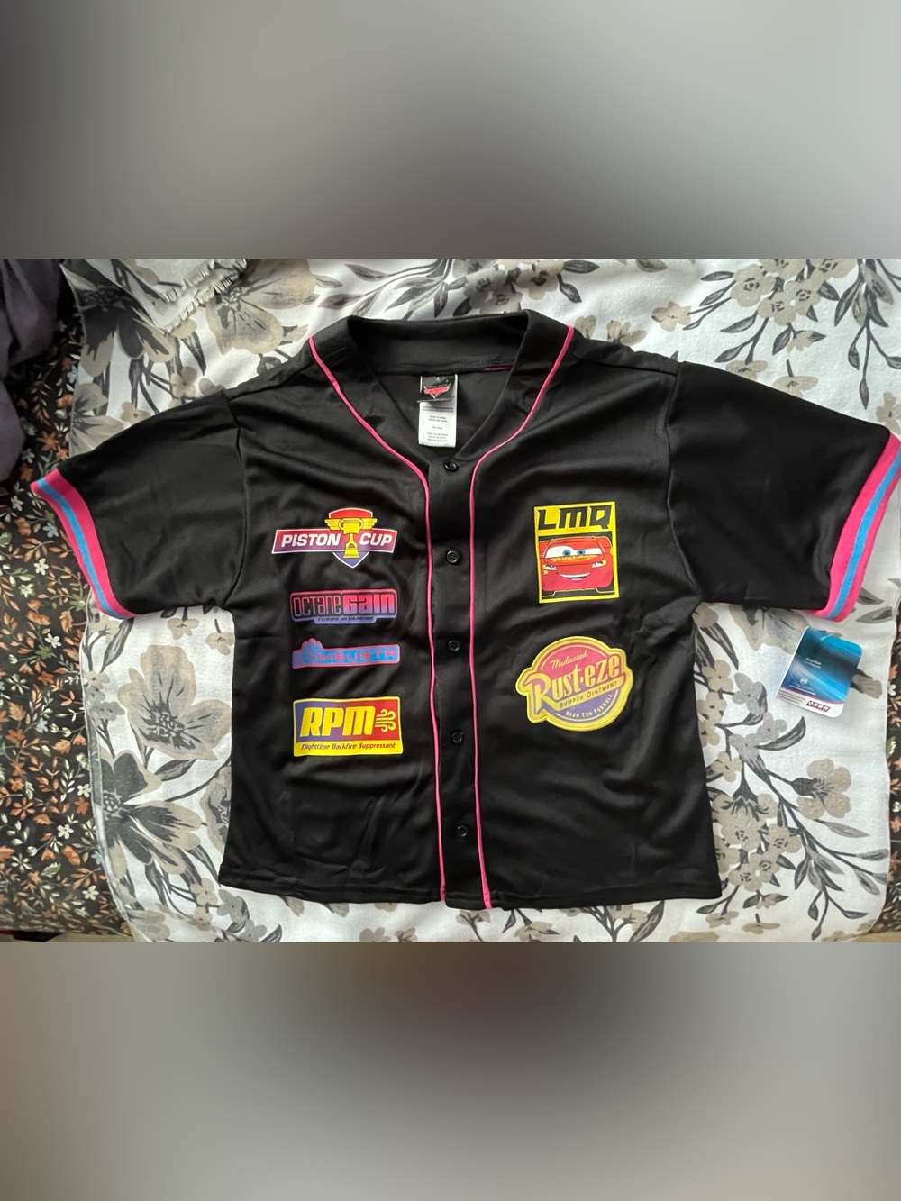 Kids Black Button-Down Baseball Jersey with Pink Trim - Licensed Cars Patch Art